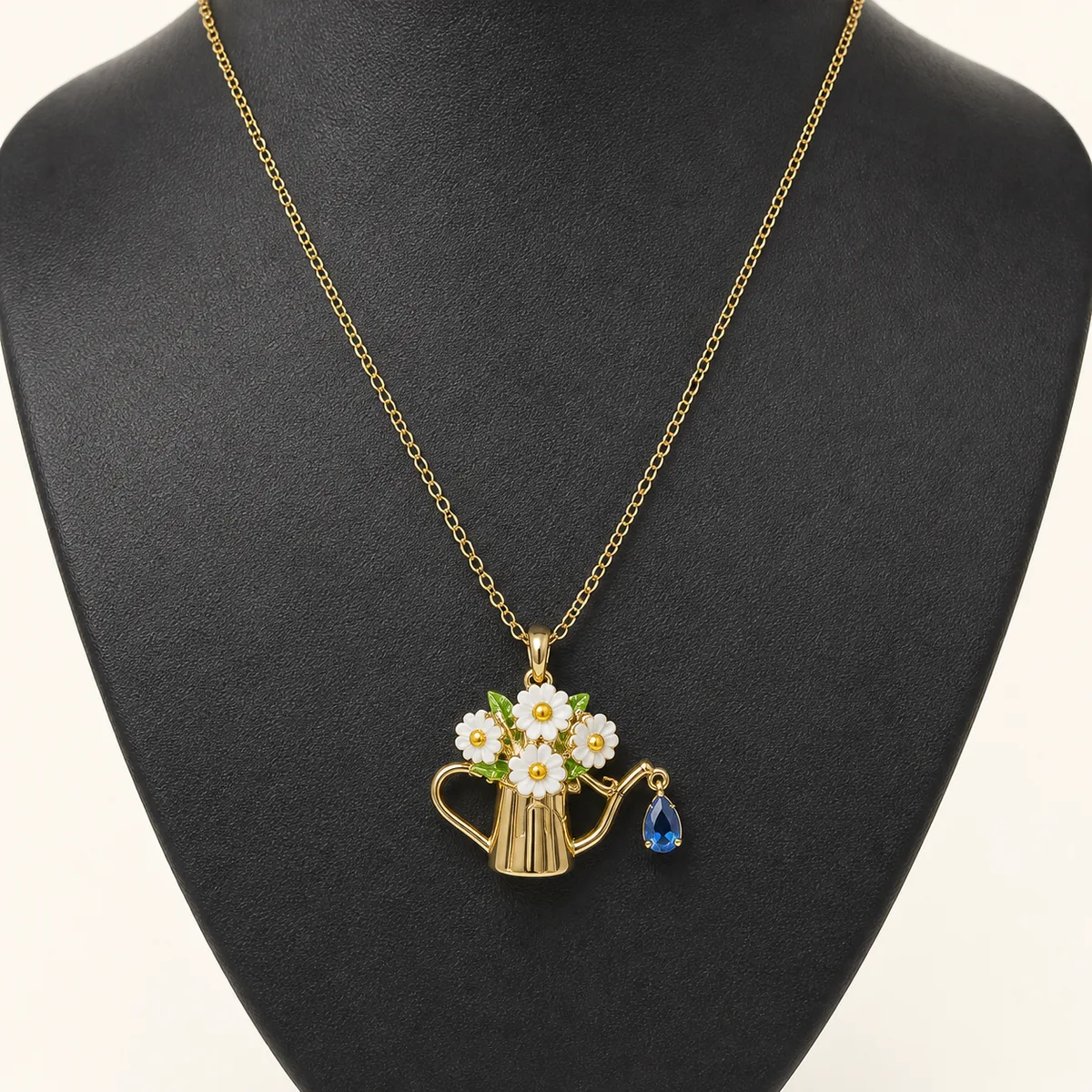 Gold Daisy Watering Can Blue Drop Necklace — view 2