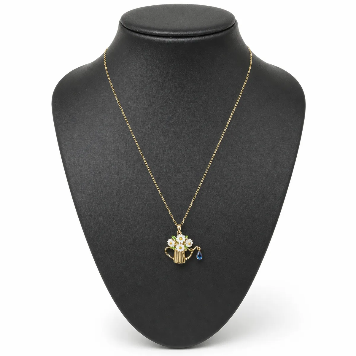 Gold Daisy Watering Can Blue Drop Necklace — view 1