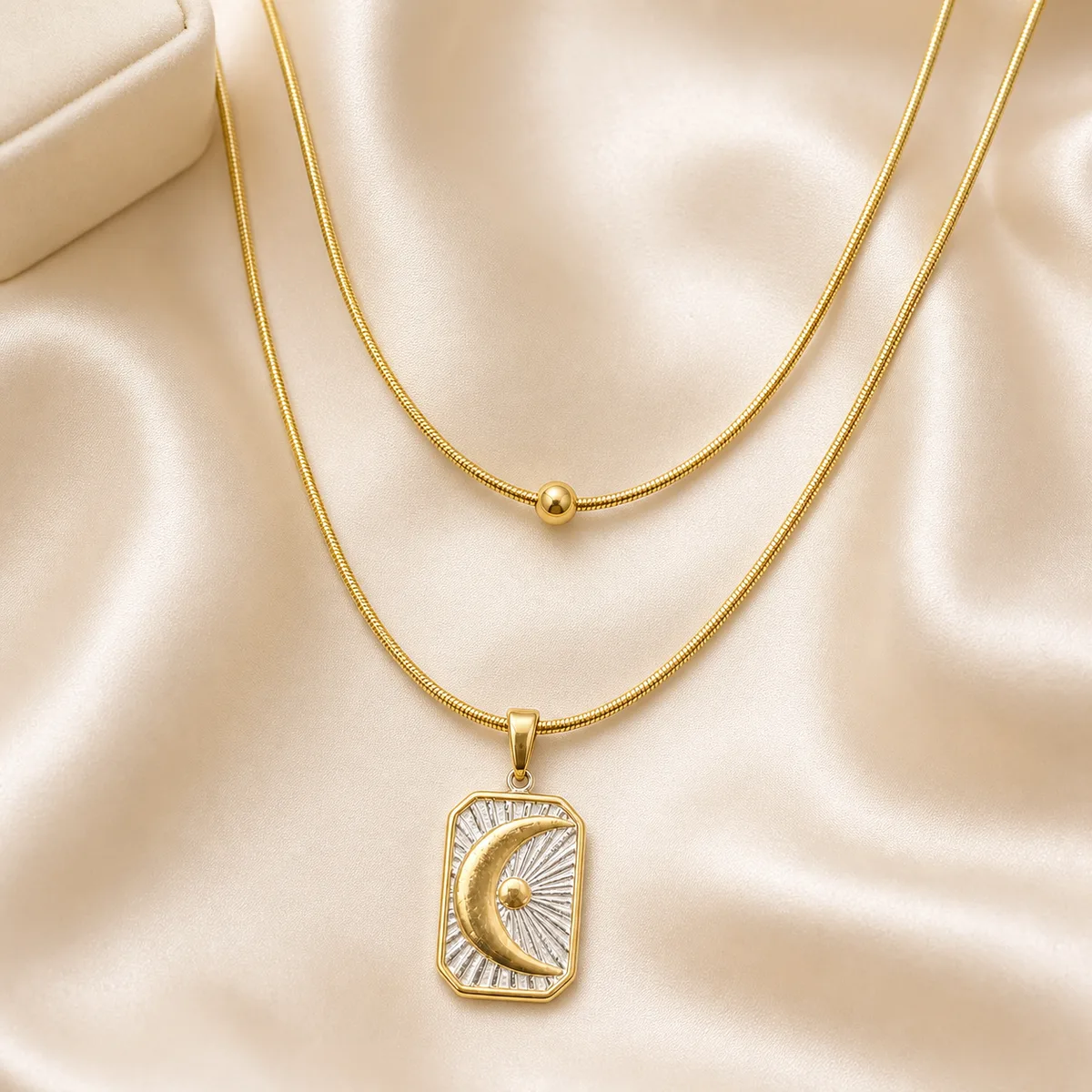 Gold Double Layer Snake Chain Crescent Sunburst Rectangle Necklace — view 3