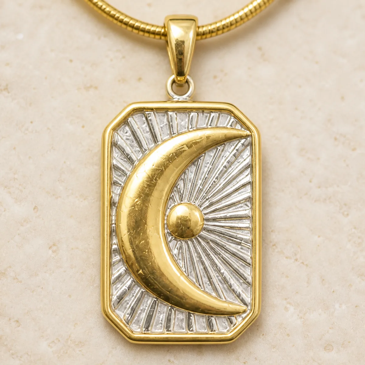 Gold Double Layer Snake Chain Crescent Sunburst Rectangle Necklace — view 2