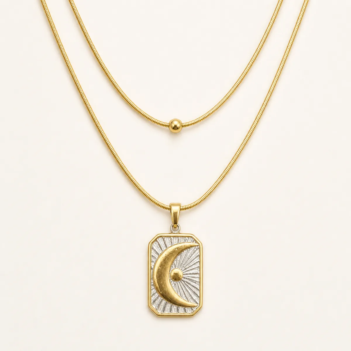 Gold Double Layer Snake Chain Crescent Sunburst Rectangle Necklace — view 1