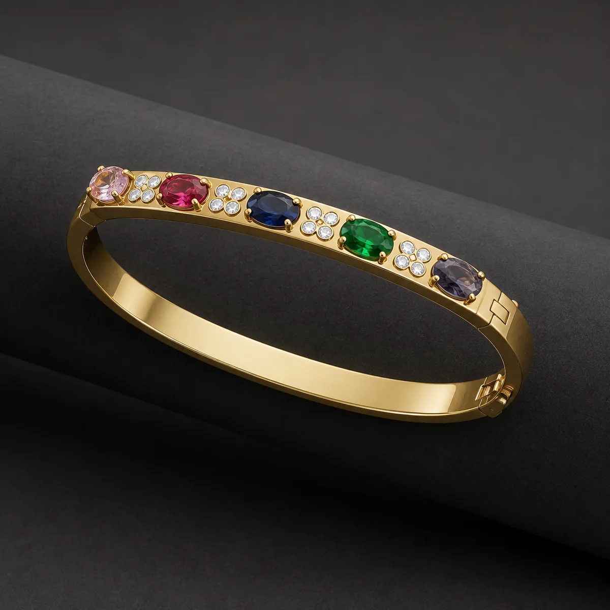 Gold Five Color Oval Gemstone Locking Bangle — view 3