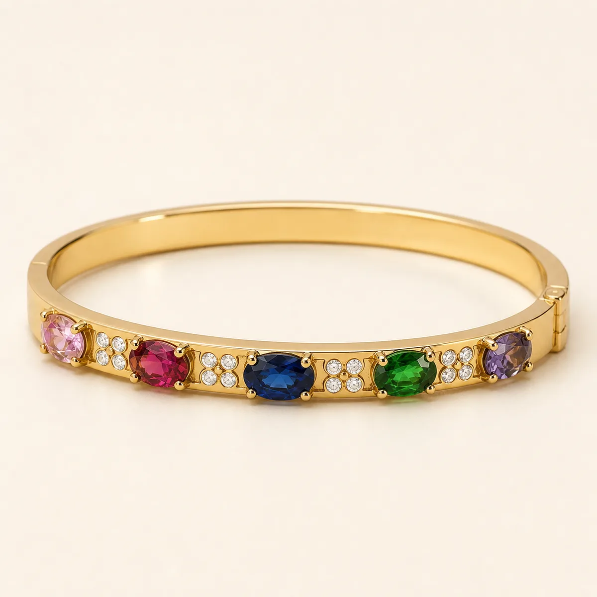 Gold Five Color Oval Gemstone Locking Bangle — view 1