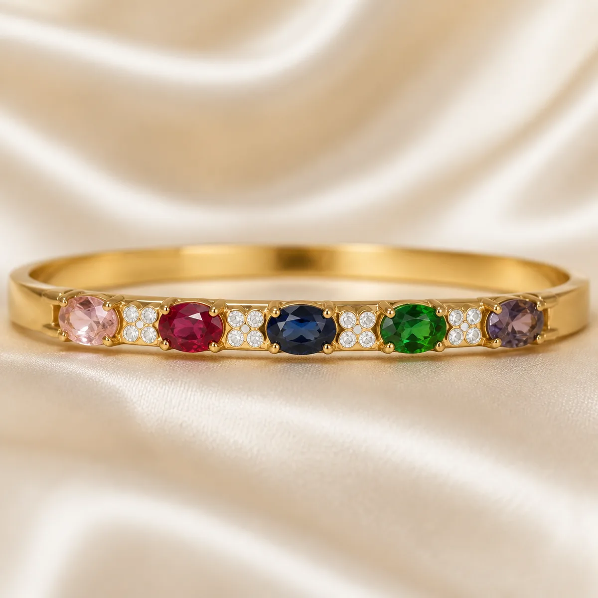 Gold Five Color Oval Gemstone Locking Bangle — view 2