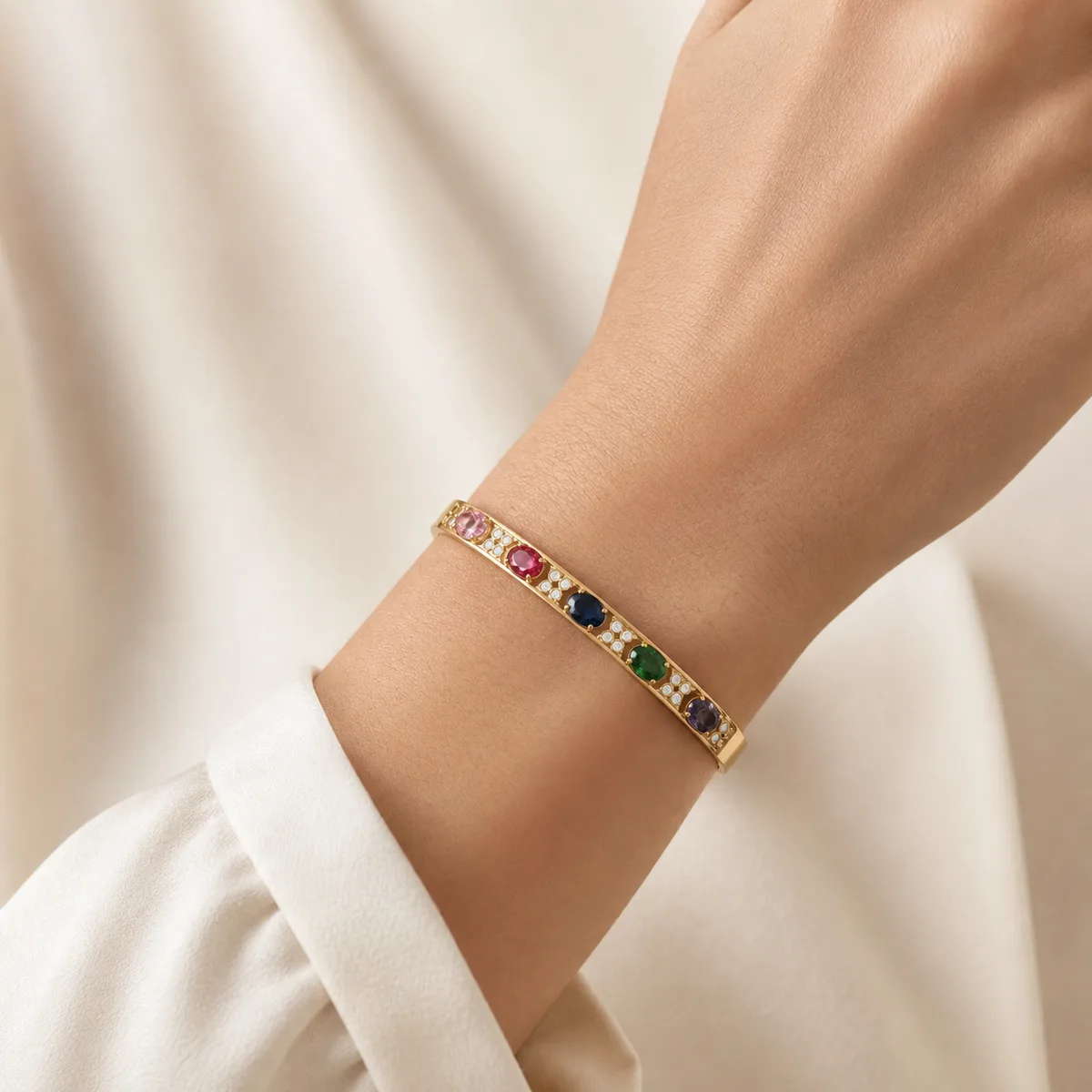 Gold Five Color Oval Gemstone Locking Bangle — view 4