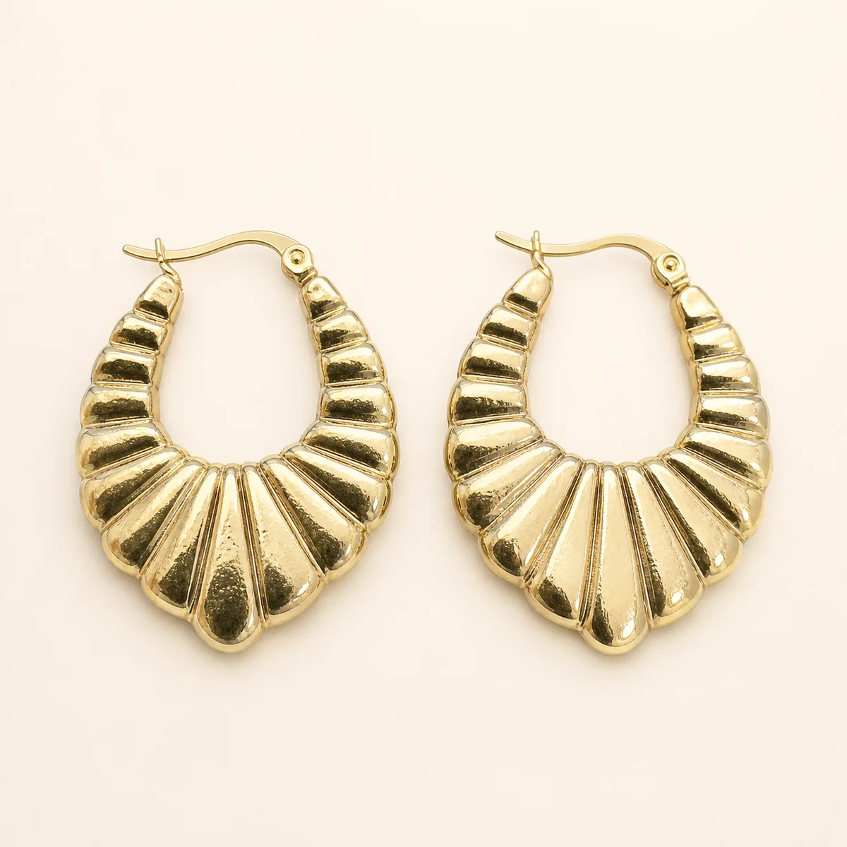 Gold Fluted Fan Teardrop Hoop Earrings — view 1