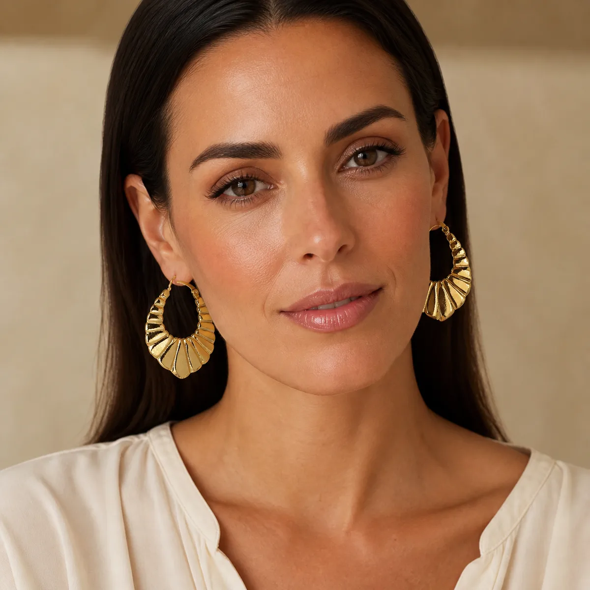 Gold Fluted Fan Teardrop Hoop Earrings — view 4