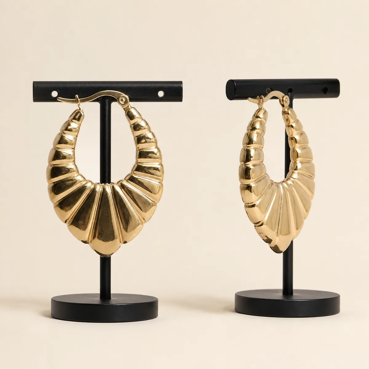 Gold Fluted Fan Teardrop Hoop Earrings — view 3