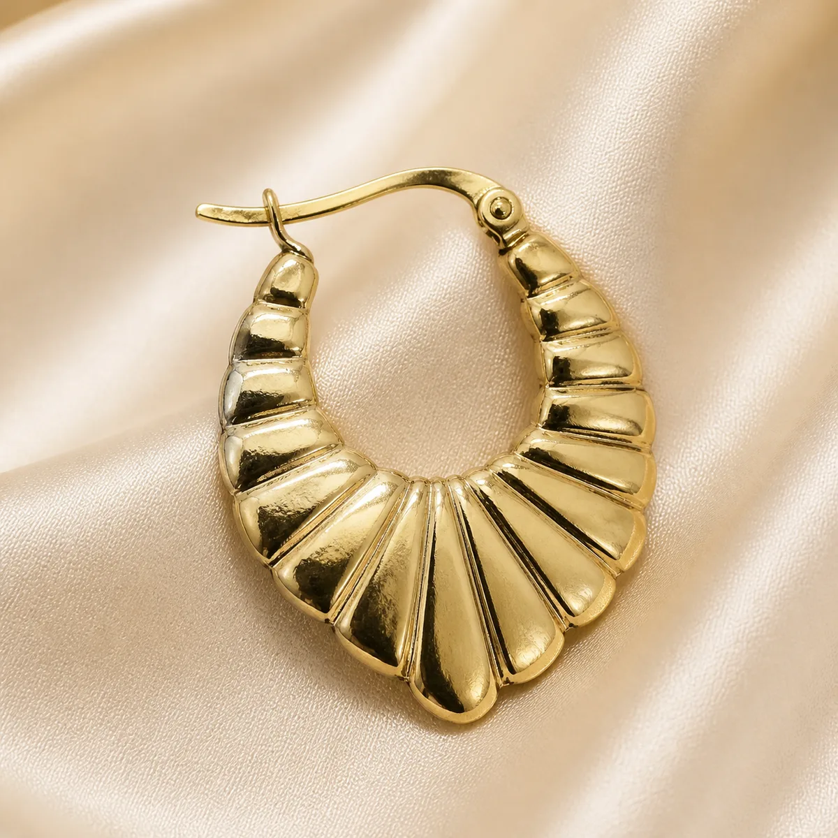 Gold Fluted Fan Teardrop Hoop Earrings — view 2