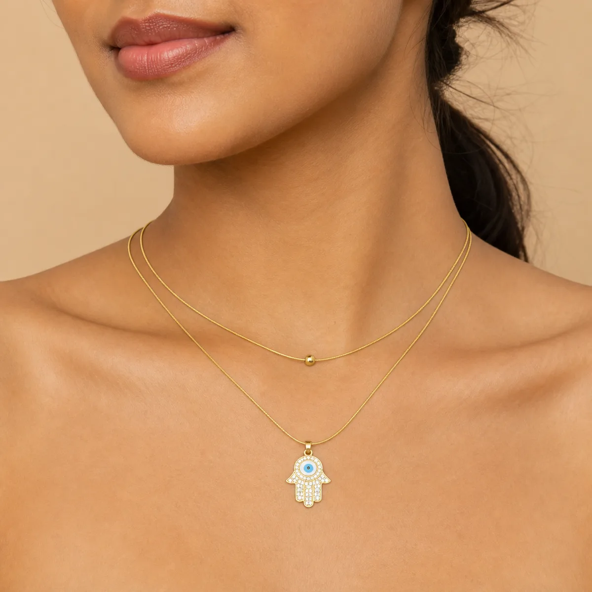 Gold Hamsa Evil Eye Layered Necklace — view 4