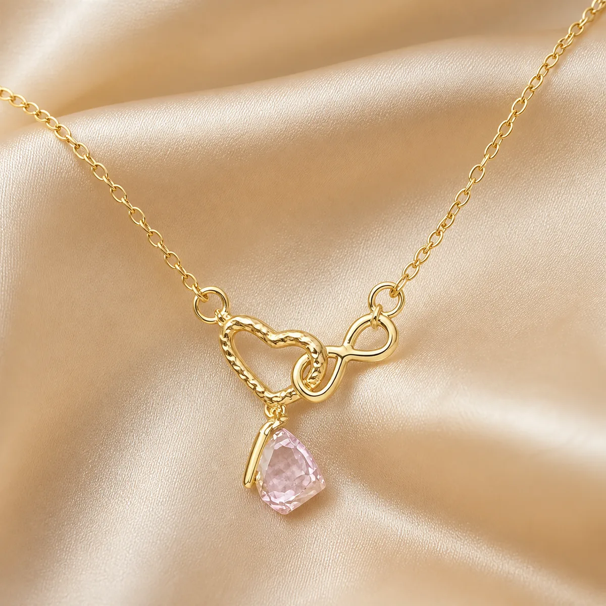 Gold Hollow Heart Infinity Pink Drop Necklace — view 2