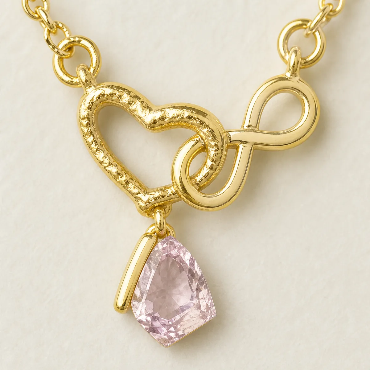 Gold Hollow Heart Infinity Pink Drop Necklace — view 3