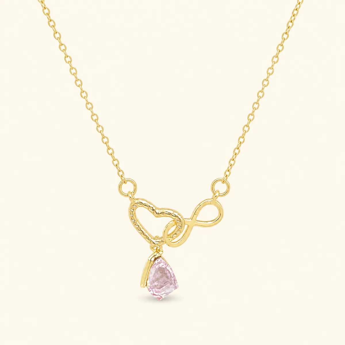 Gold Hollow Heart Infinity Pink Drop Necklace — view 1