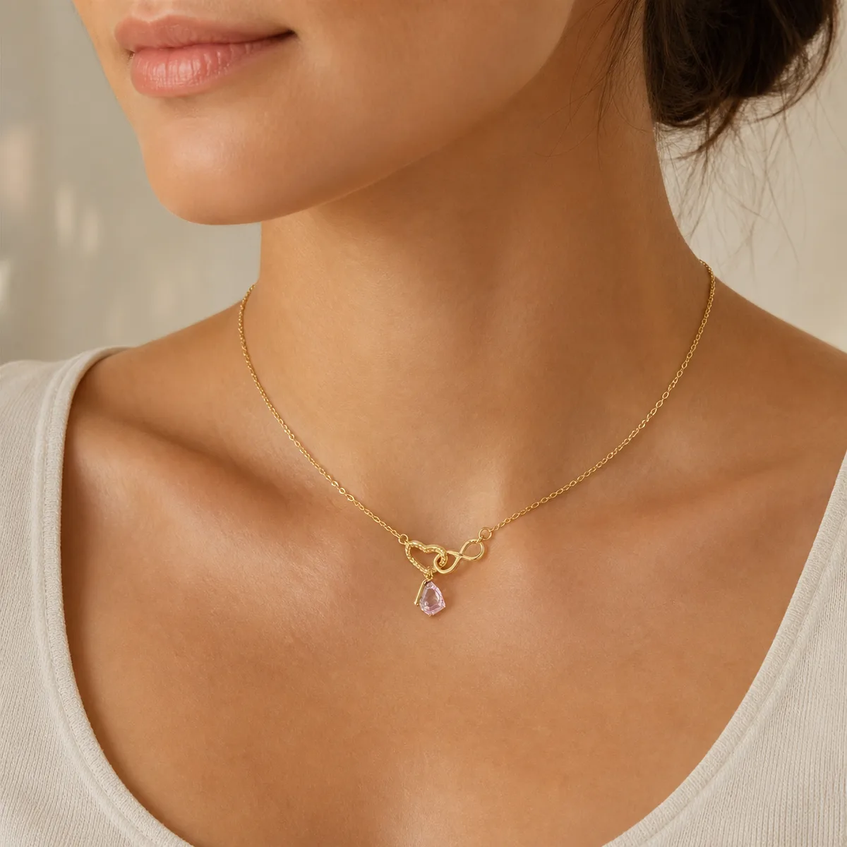 Gold Hollow Heart Infinity Pink Drop Necklace — view 4