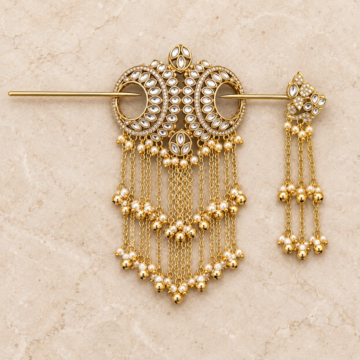 Gold Kundan Crescent Chain Tassel Hair Pin — view 1