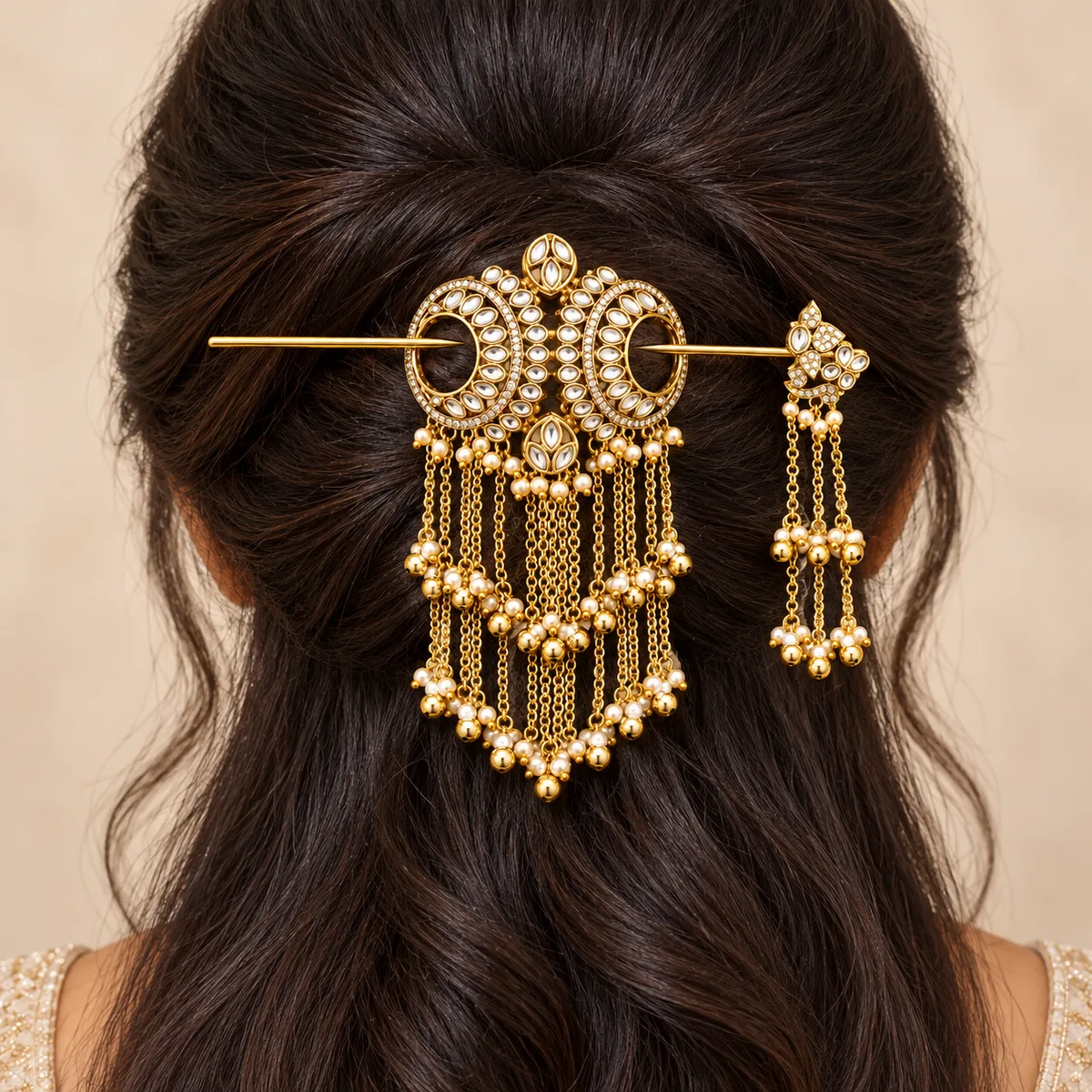 Gold Kundan Crescent Chain Tassel Hair Pin — view 5