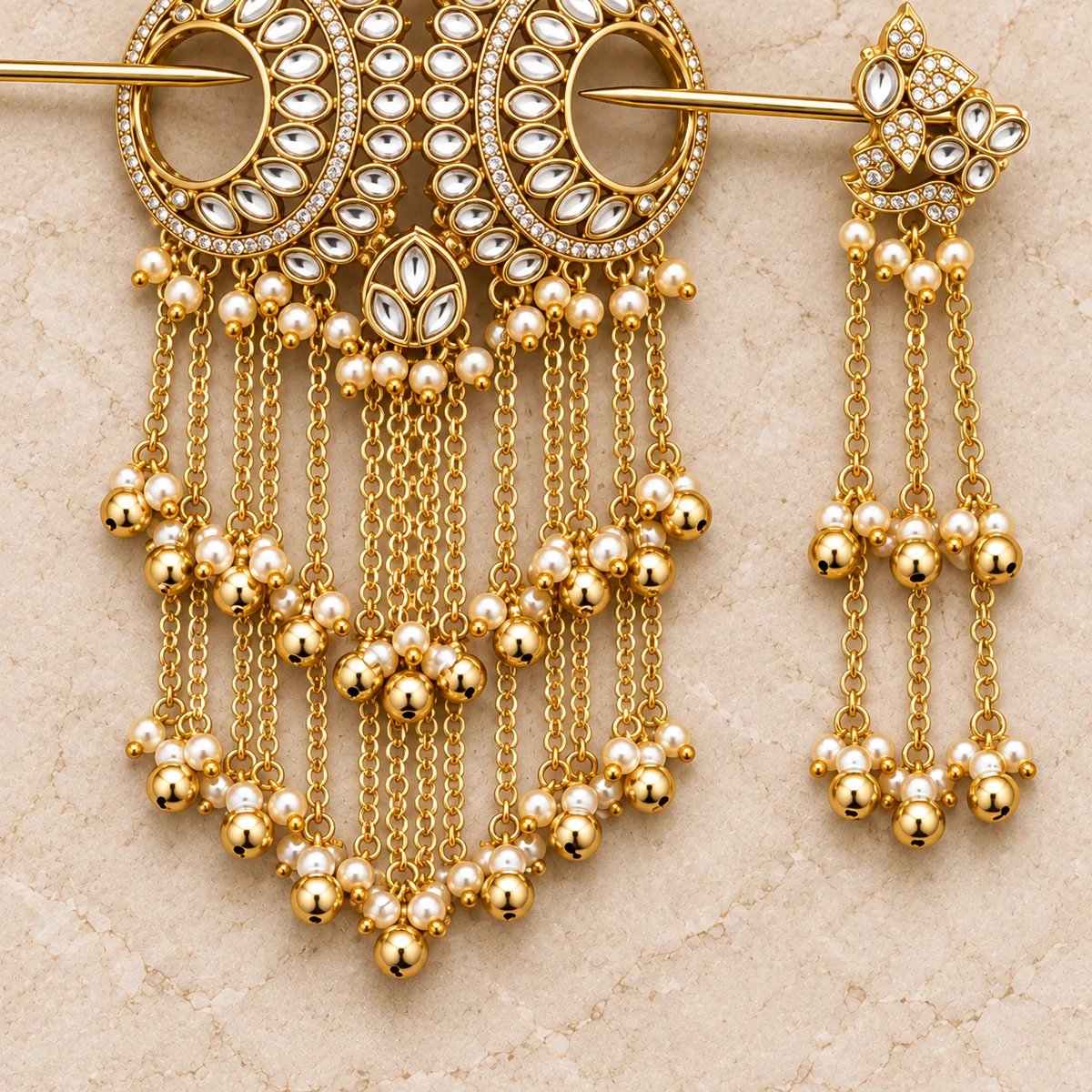 Gold Kundan Crescent Chain Tassel Hair Pin — view 3