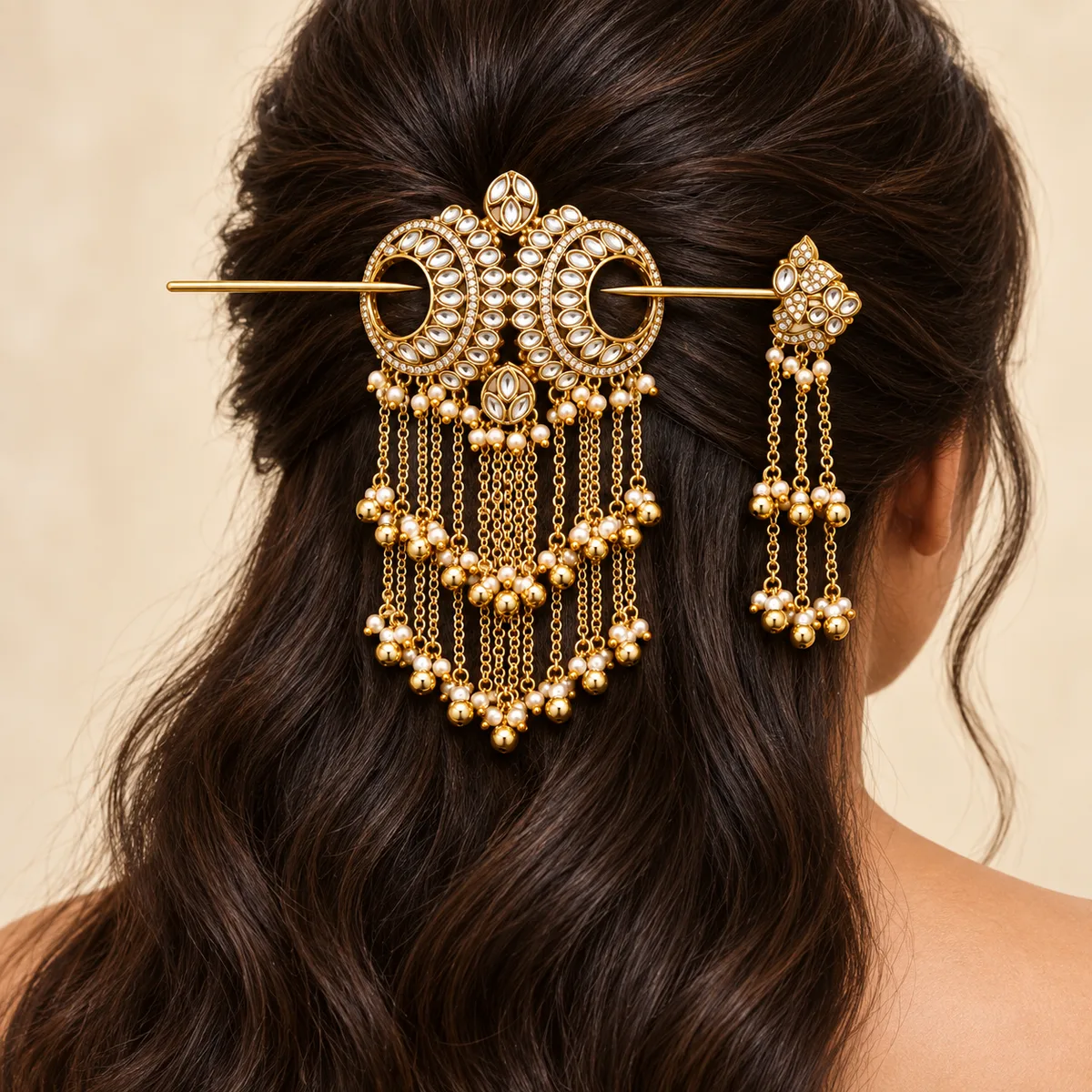 Gold Kundan Crescent Chain Tassel Hair Pin — view 6