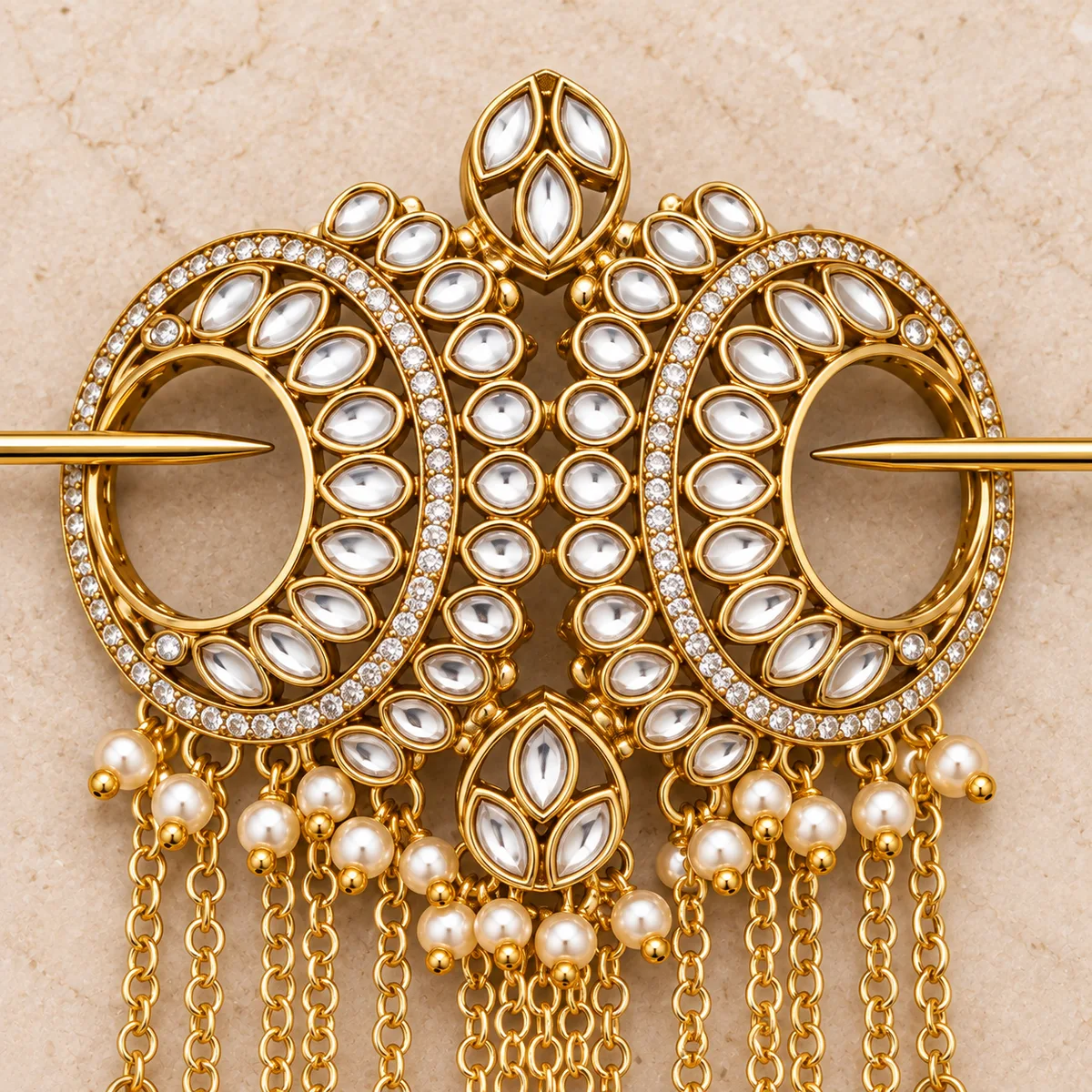 Gold Kundan Crescent Chain Tassel Hair Pin — view 2