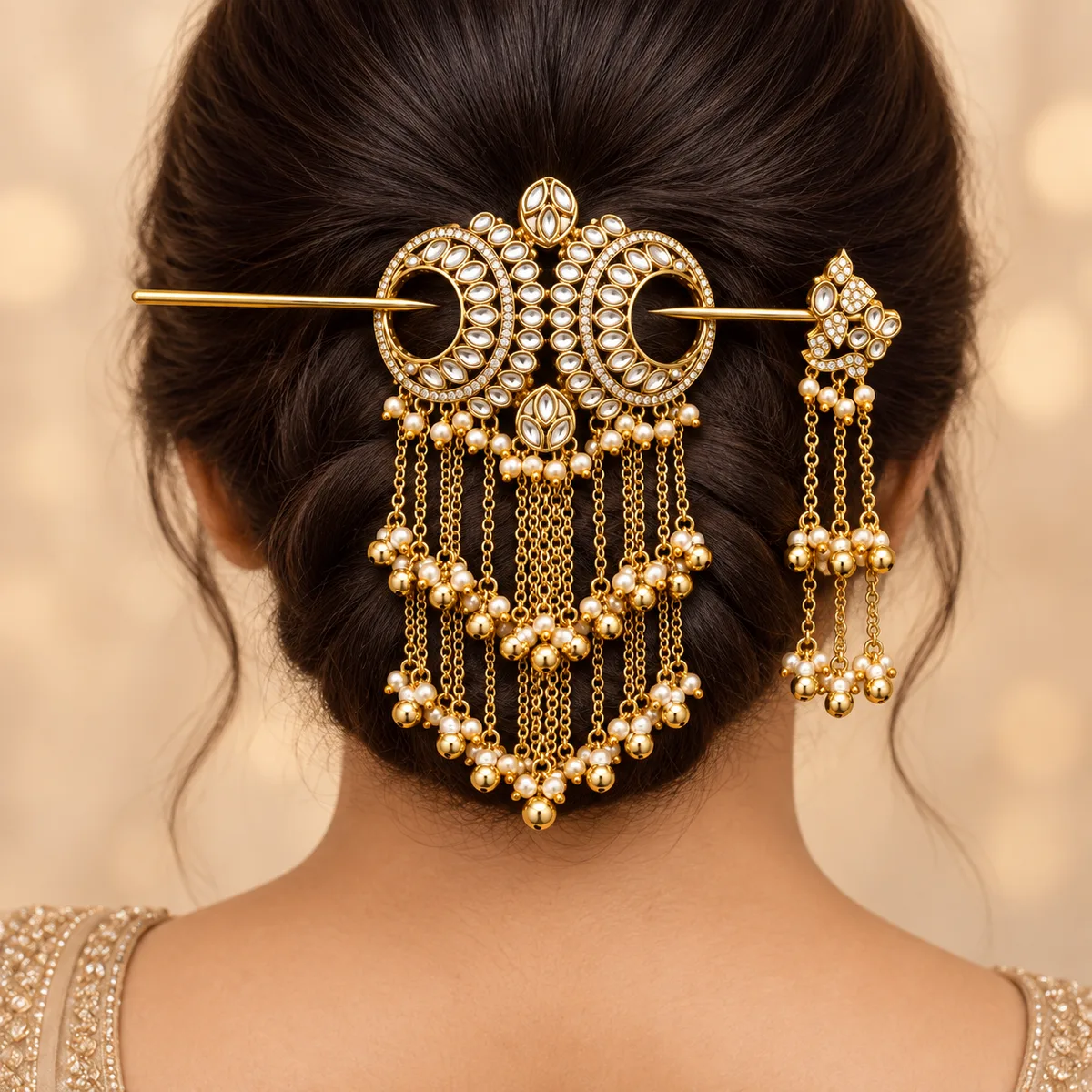 Gold Kundan Crescent Chain Tassel Hair Pin — view 7