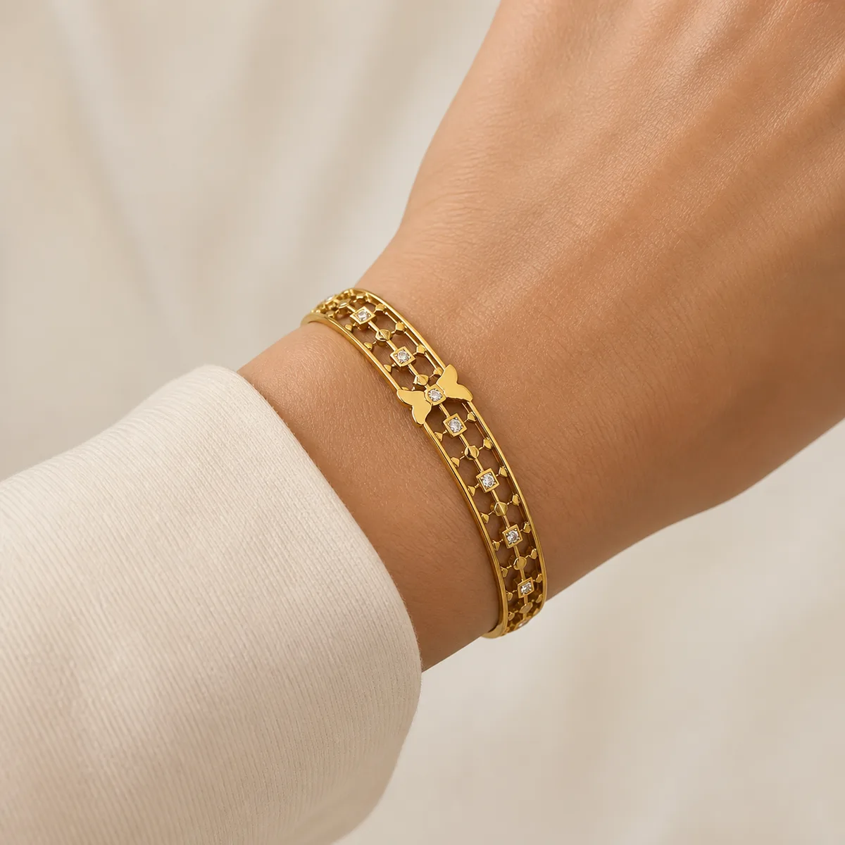 Gold Lattice Square Crystal Lock Bangle Bracelet — view 4