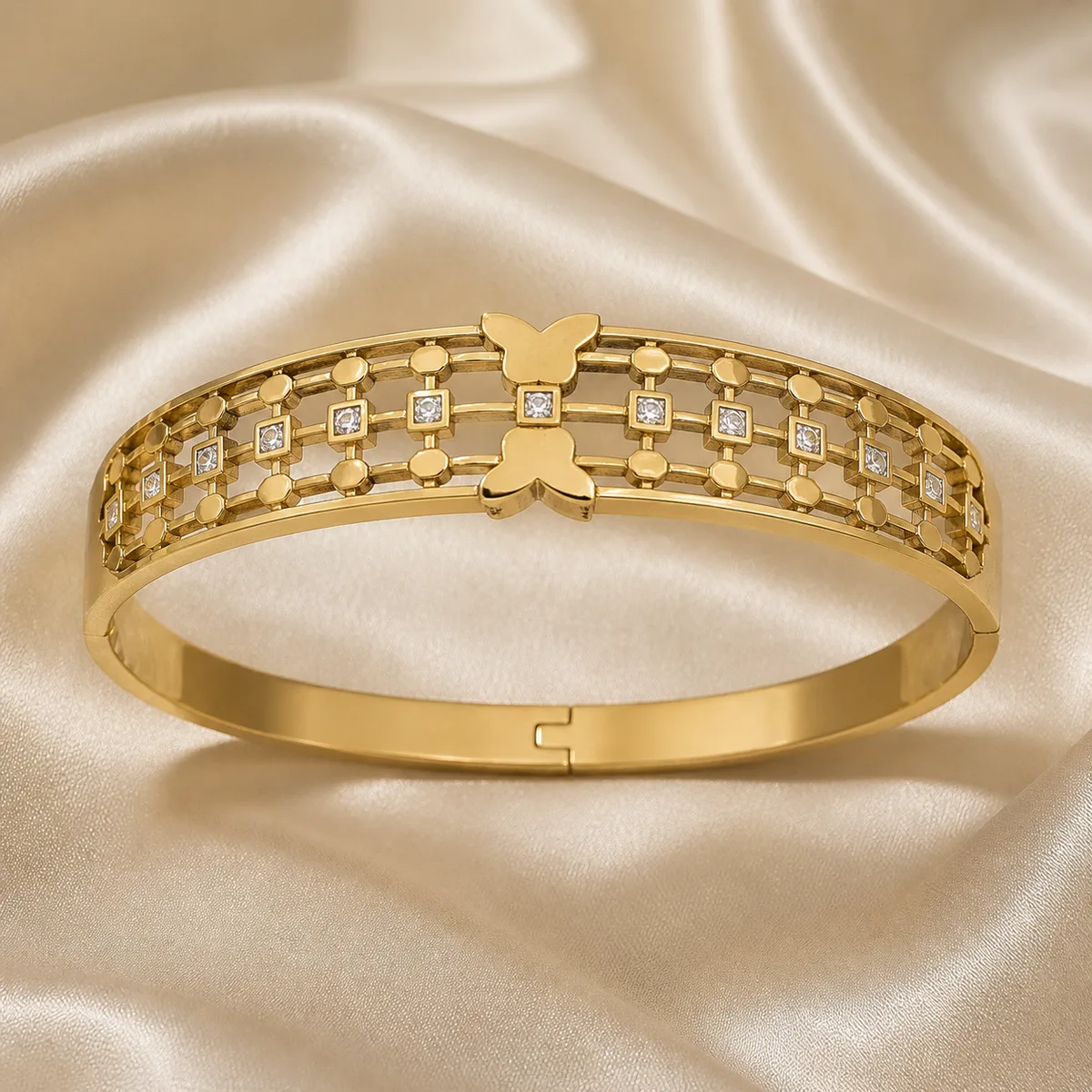 Gold Lattice Square Crystal Lock Bangle Bracelet — view 2