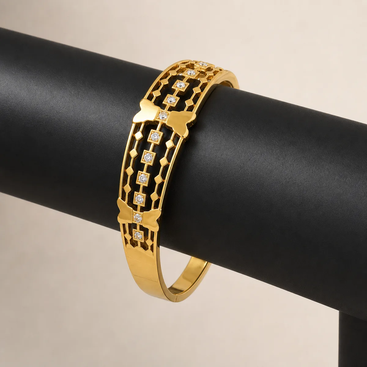 Gold Lattice Square Crystal Lock Bangle Bracelet — view 3