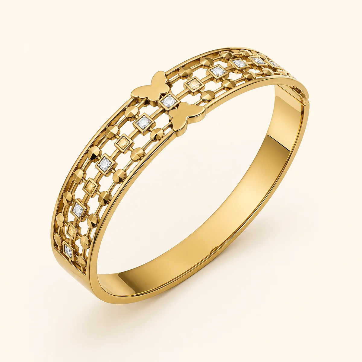 Gold Lattice Square Crystal Lock Bangle Bracelet — view 1
