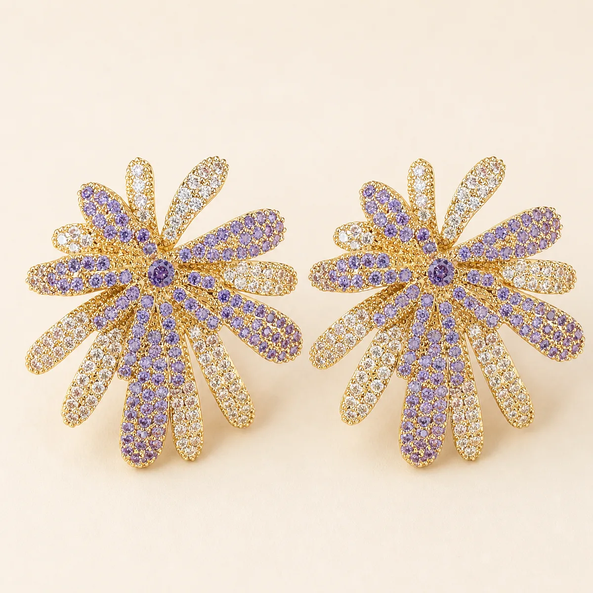 Gold Lavender Clear Crystal Irregular Burst Stud Earrings — view 1