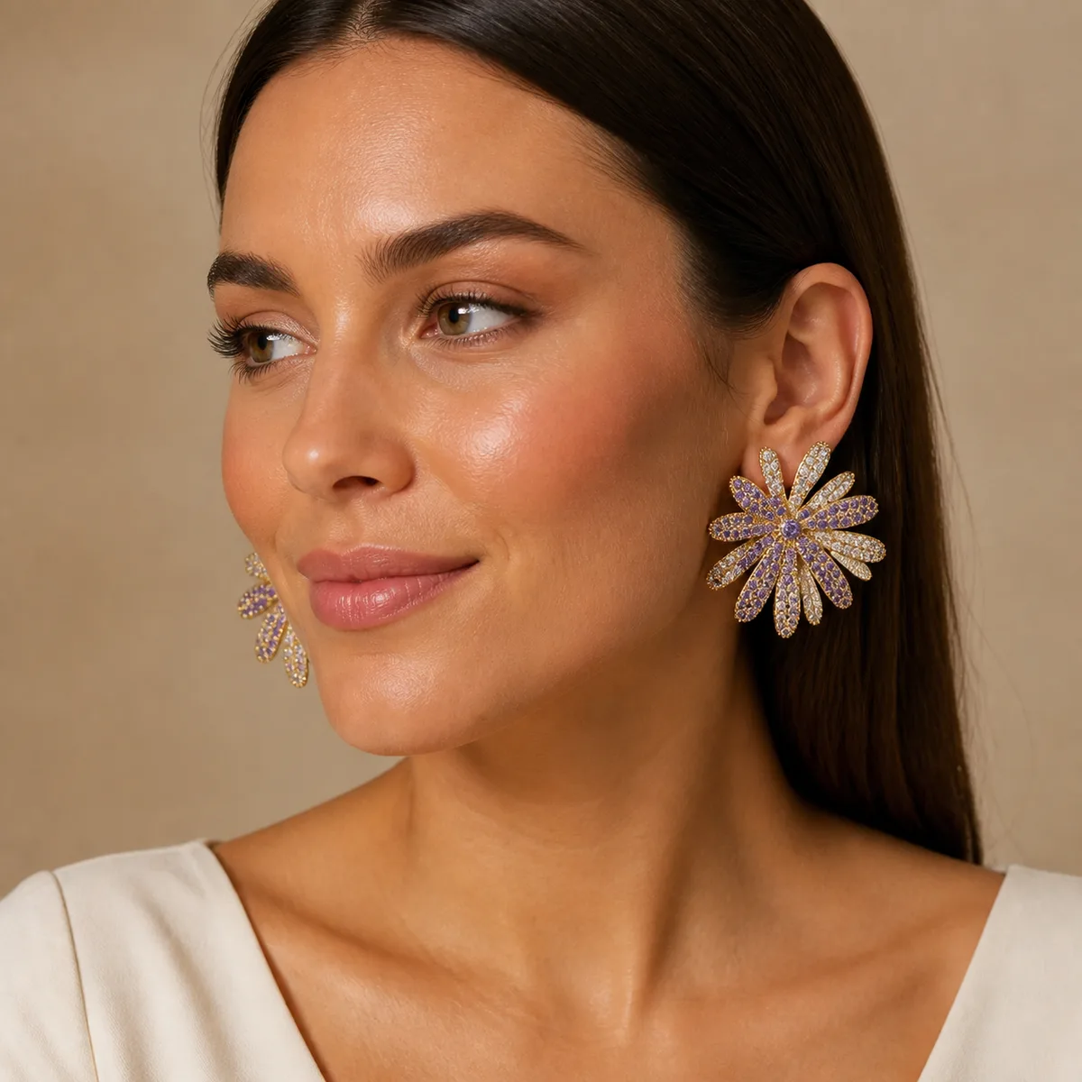 Gold Lavender Clear Crystal Irregular Burst Stud Earrings — view 4