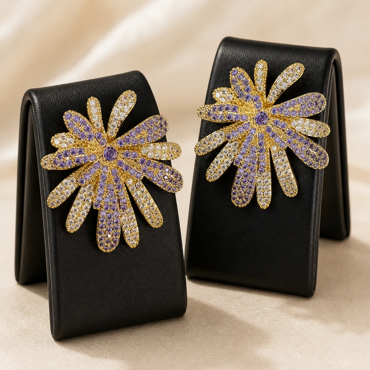 Gold Lavender Clear Crystal Irregular Burst Stud Earrings — view 3