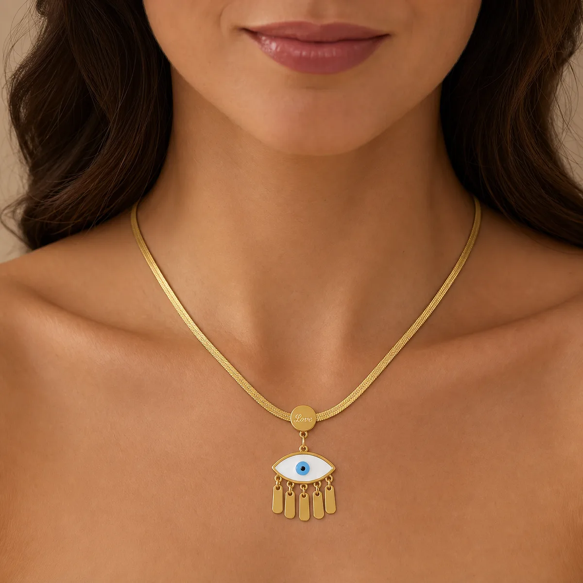 Gold Love Evil Eye Tassel Necklace — view 4