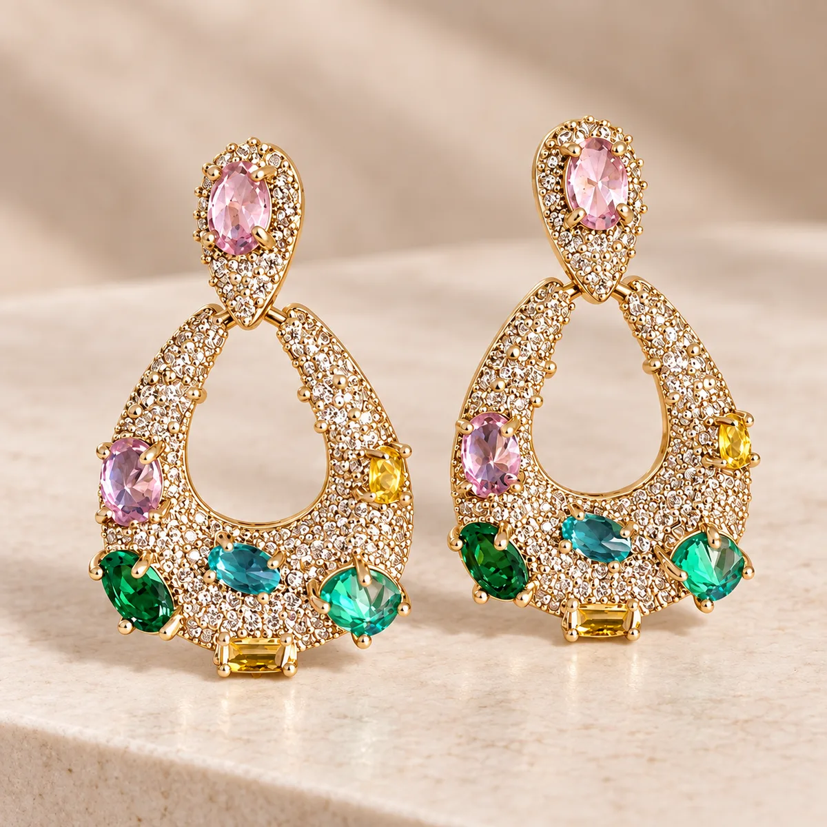 Gold Multicolor Pave Teardrop Earrings — view 2