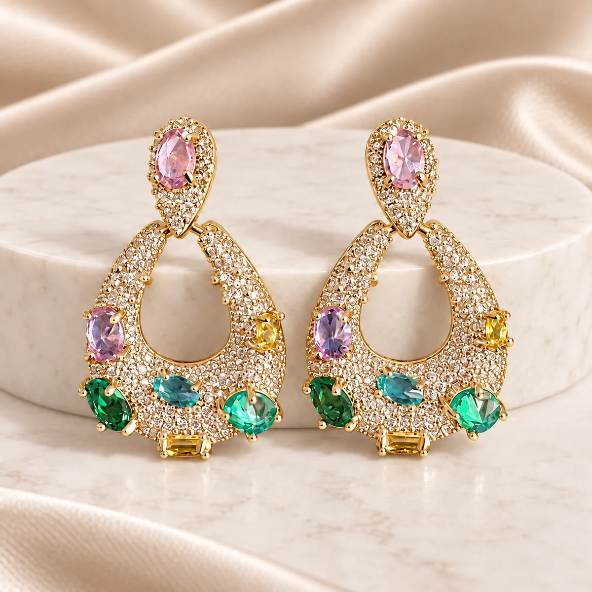 Gold Multicolor Pave Teardrop Earrings — view 3