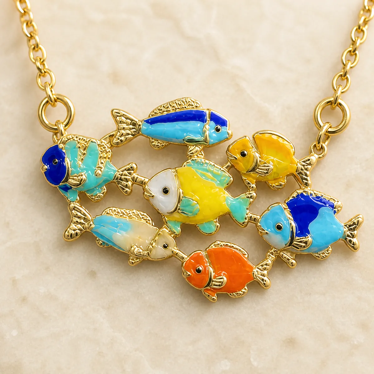 Gold Multicolor Tropical Fish School Inline Necklace — view 2
