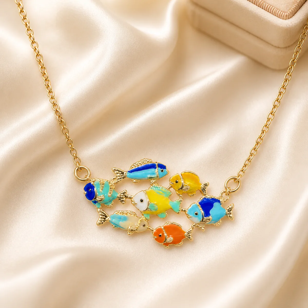 Gold Multicolor Tropical Fish School Inline Necklace — view 3