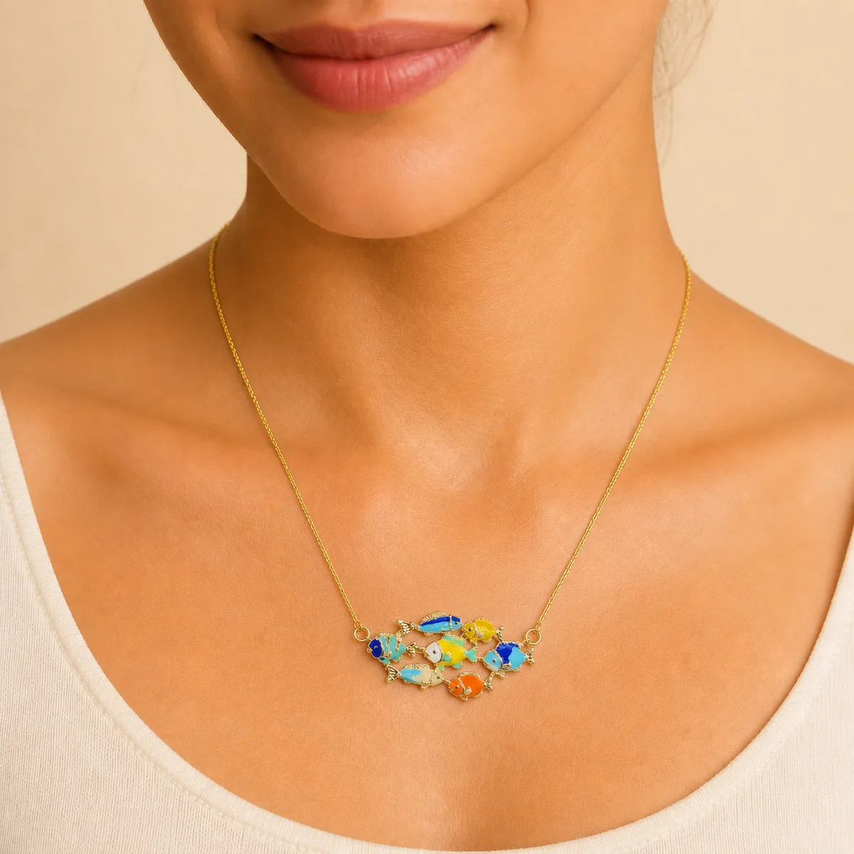 Gold Multicolor Tropical Fish School Inline Necklace — view 5
