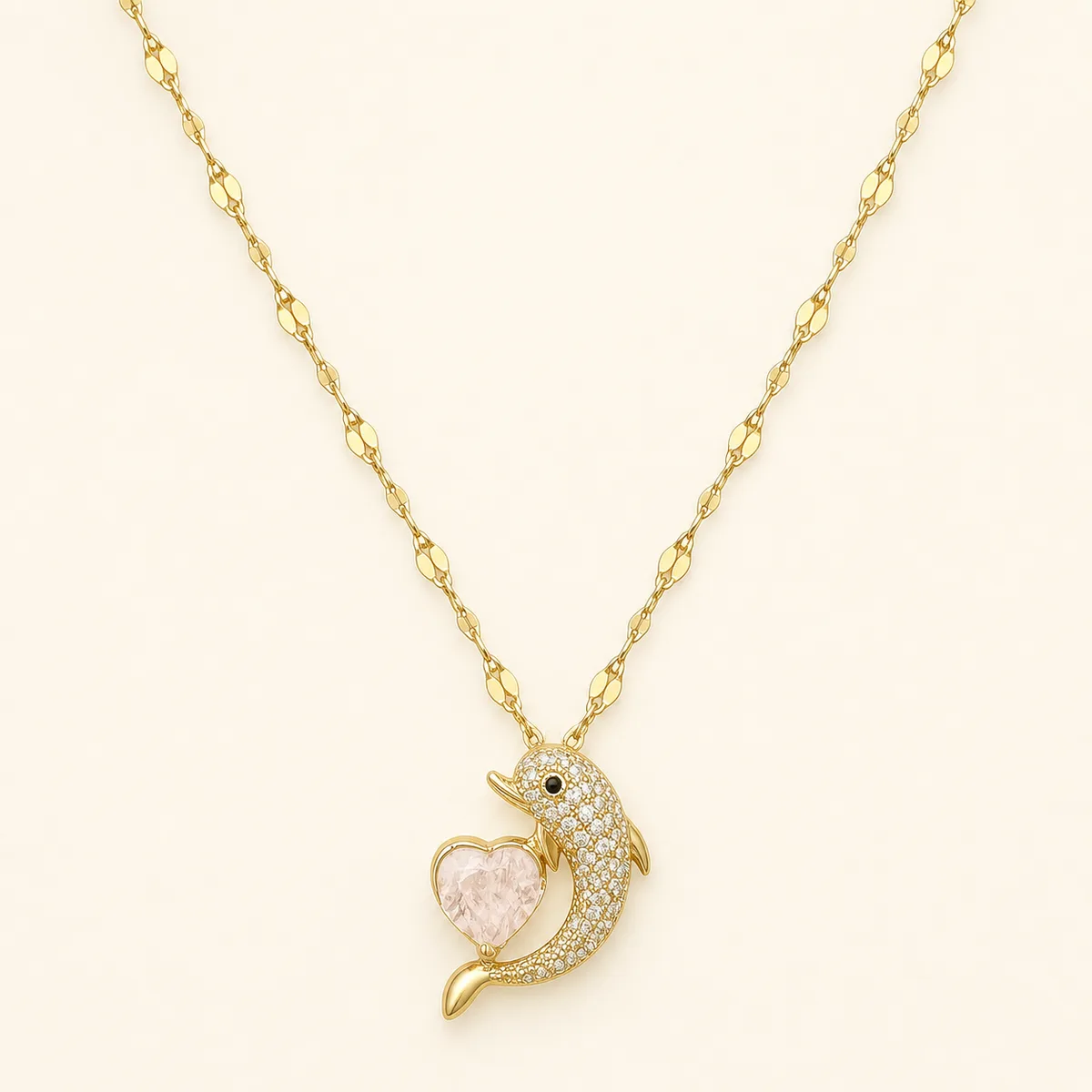 Gold Pave Dolphin Pink Heart Necklace — view 1