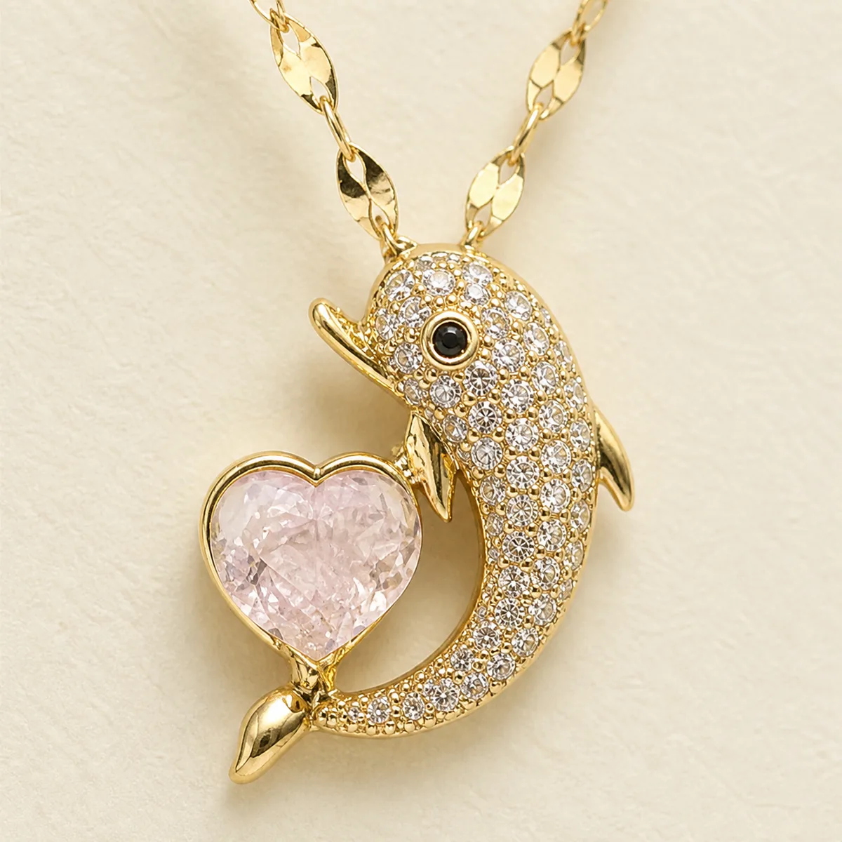 Gold Pave Dolphin Pink Heart Necklace — view 3