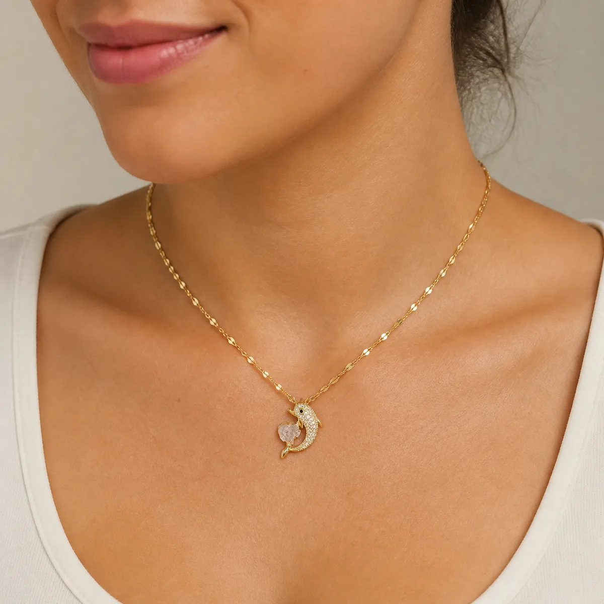 Gold Pave Dolphin Pink Heart Necklace — view 4