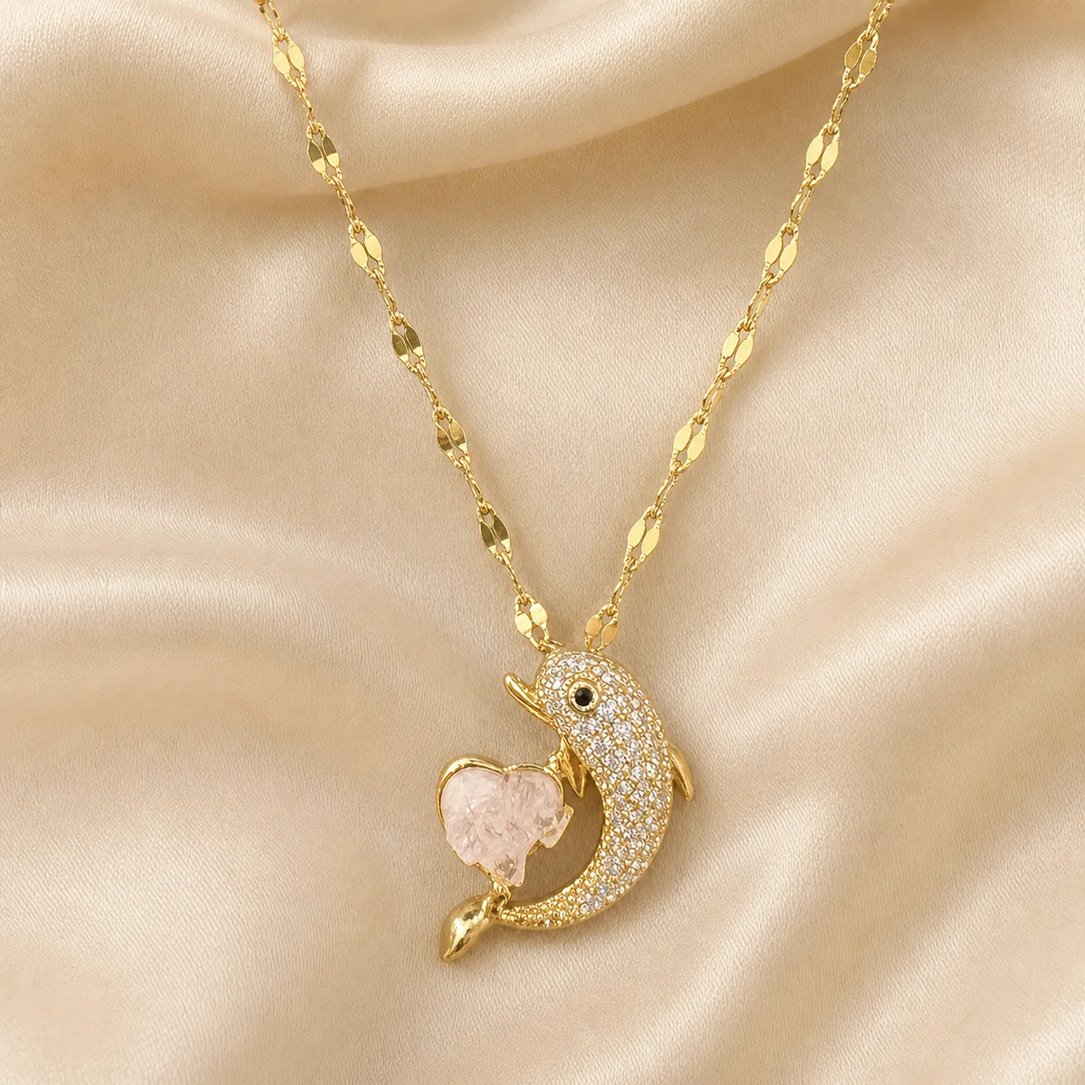 Gold Pave Dolphin Pink Heart Necklace — view 2