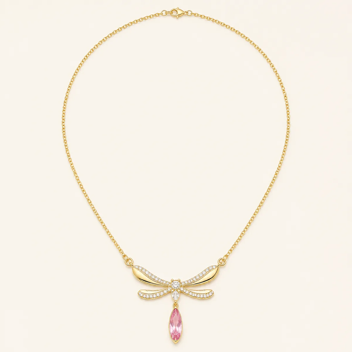 Gold Pave Dragonfly Pink Marquise Drop Necklace — view 1
