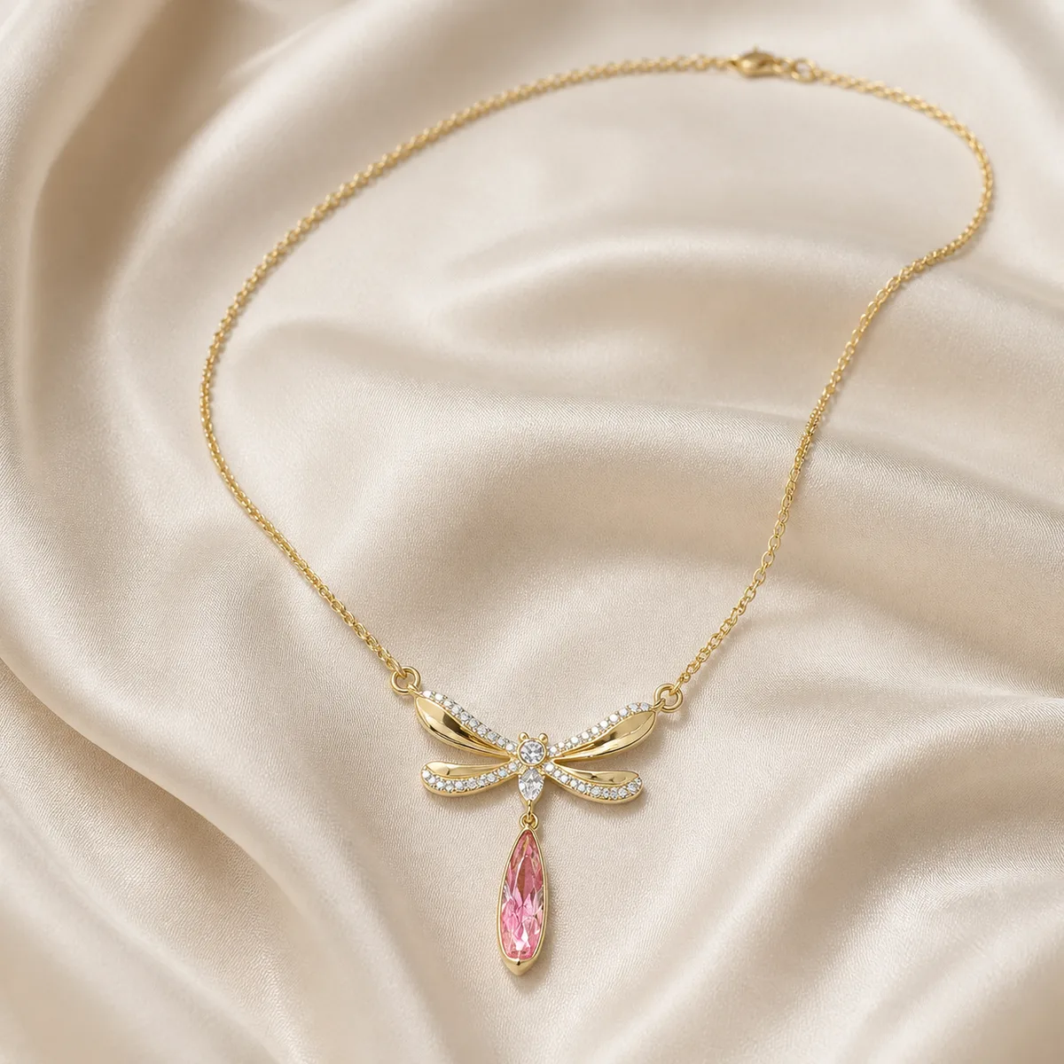 Gold Pave Dragonfly Pink Marquise Drop Necklace — view 2