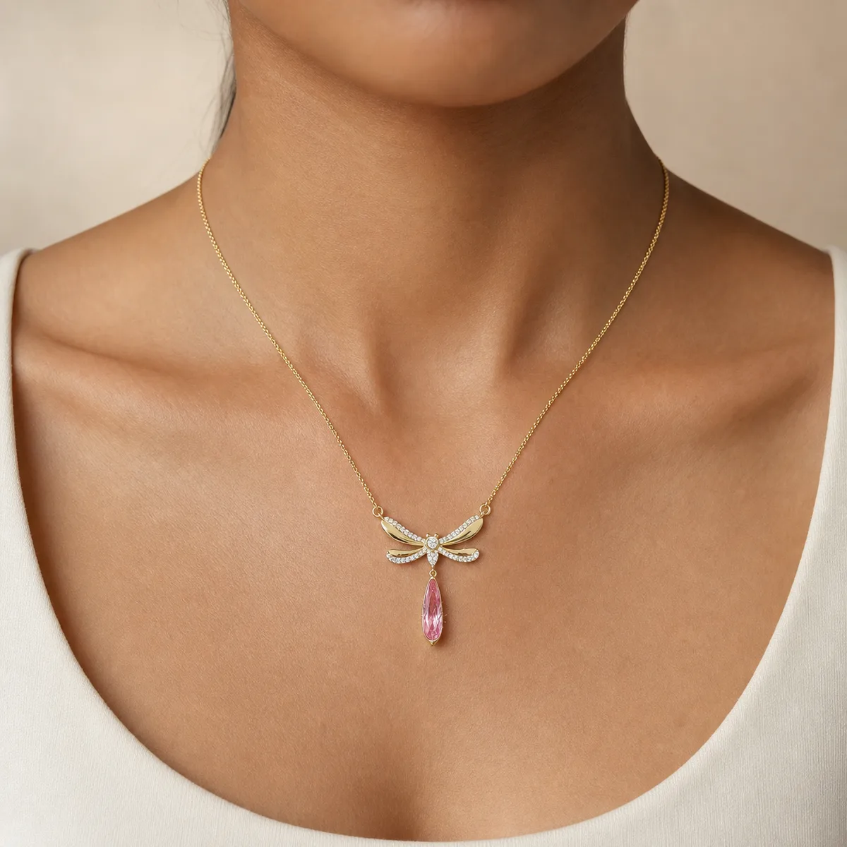 Gold Pave Dragonfly Pink Marquise Drop Necklace — view 4