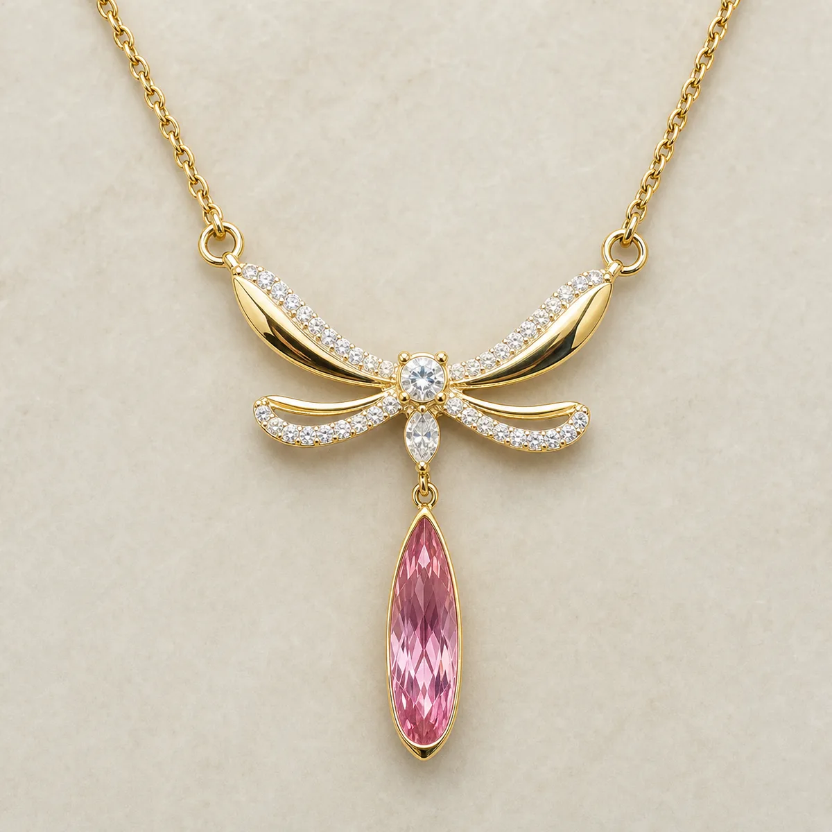 Gold Pave Dragonfly Pink Marquise Drop Necklace — view 3