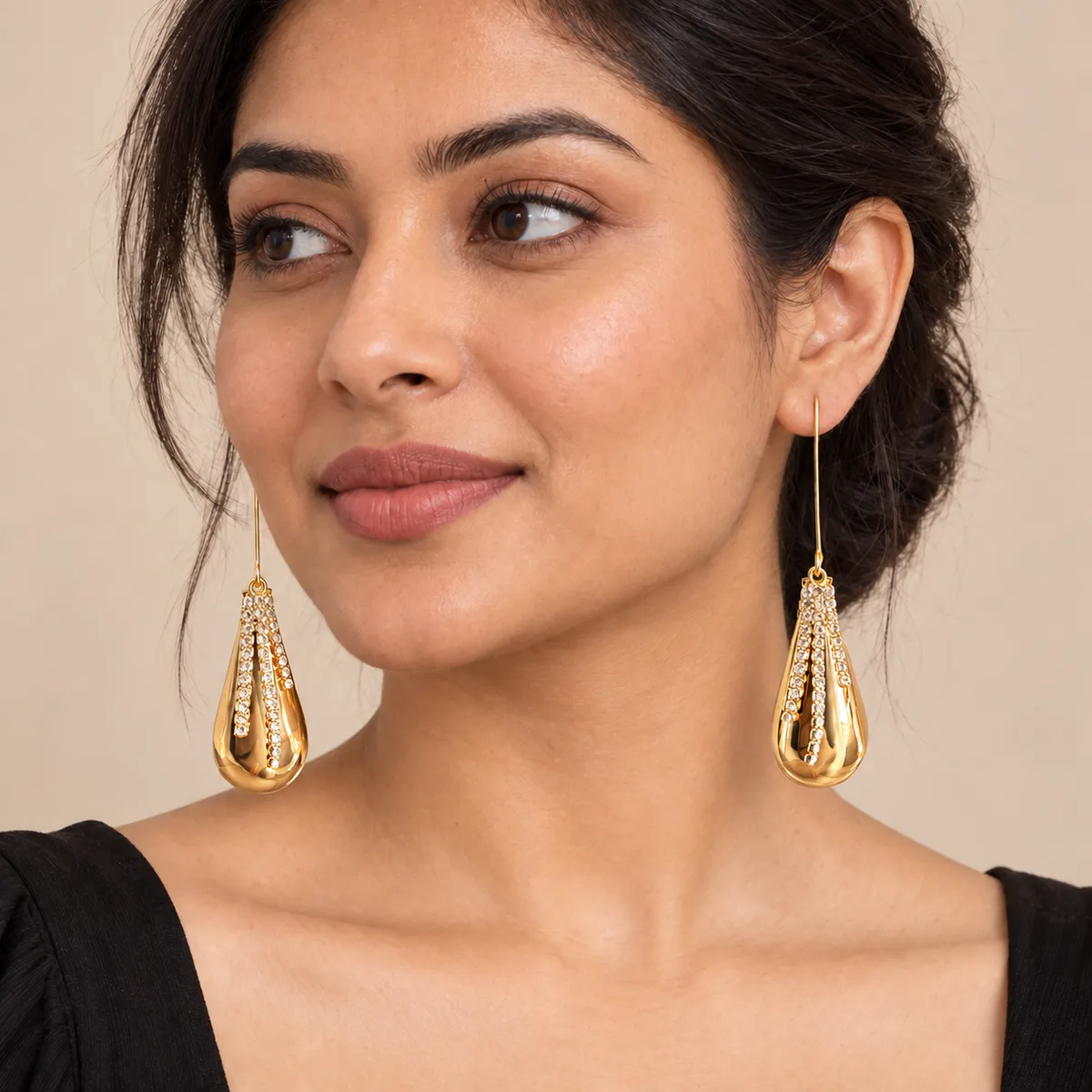 Gold Pave Ribbon Teardrop Hook Earrings — view 4