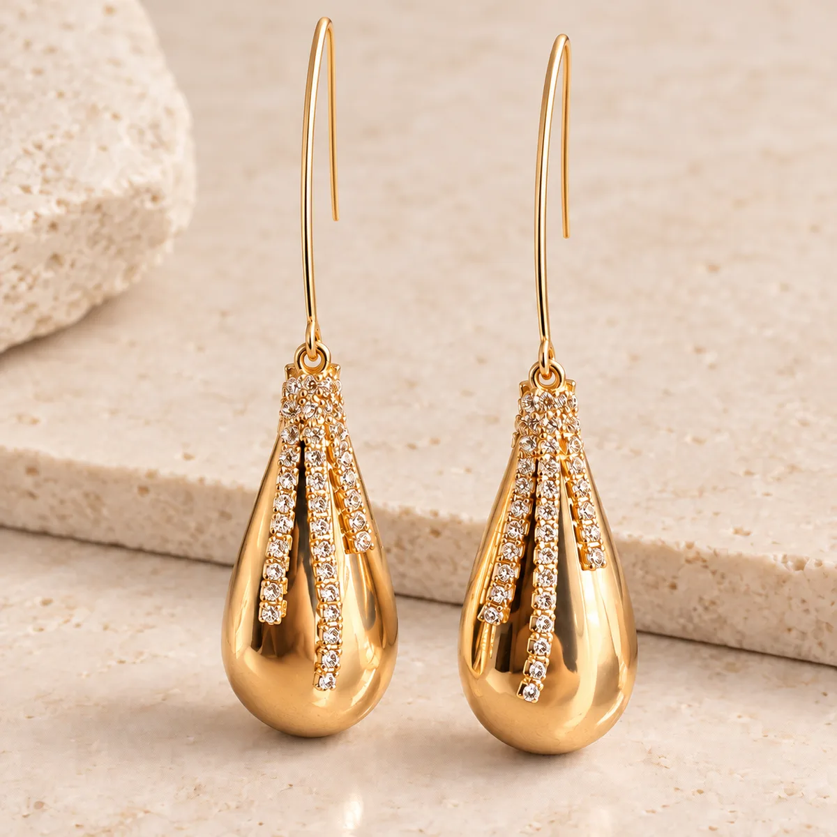 Gold Pave Ribbon Teardrop Hook Earrings — view 2