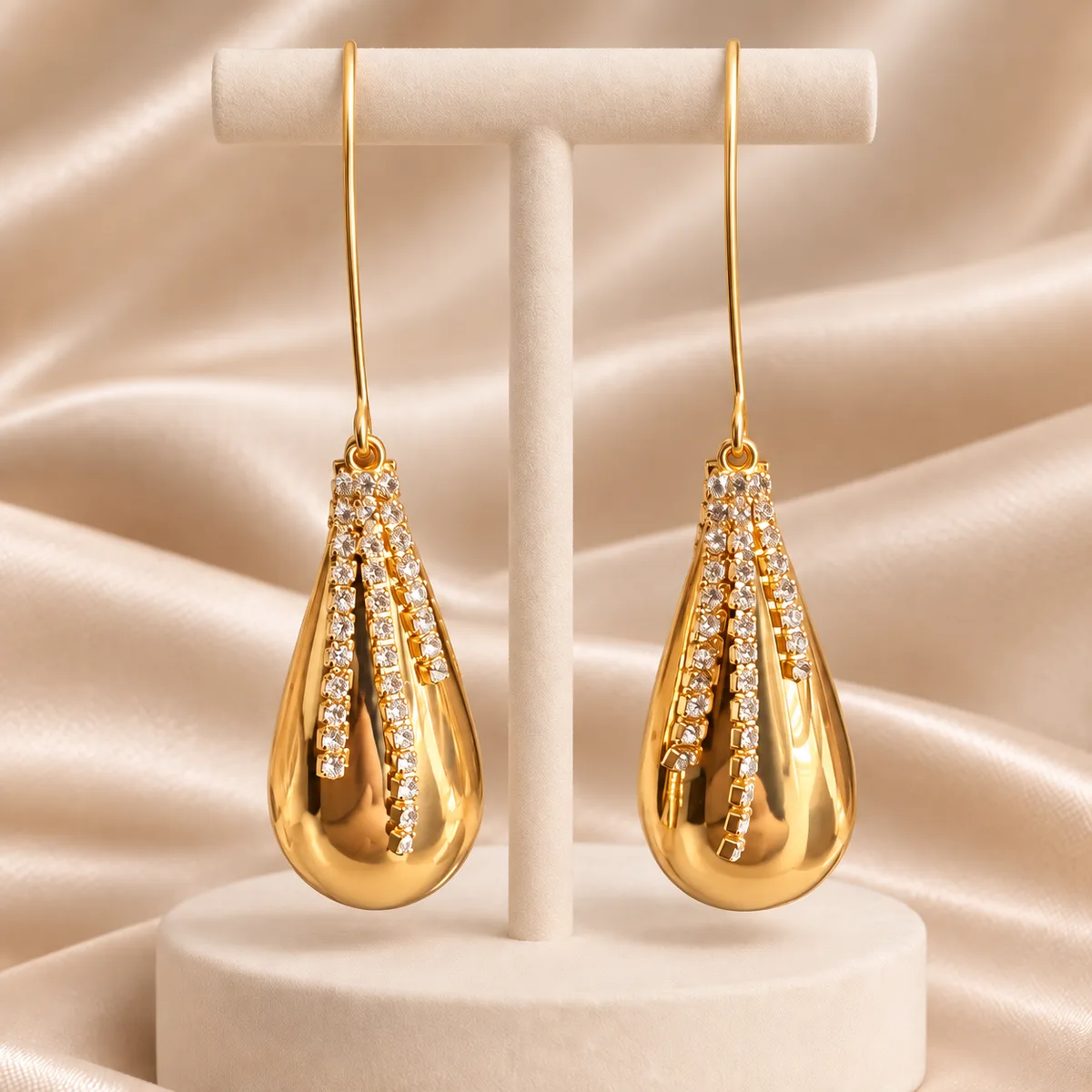 Gold Pave Ribbon Teardrop Hook Earrings — view 3