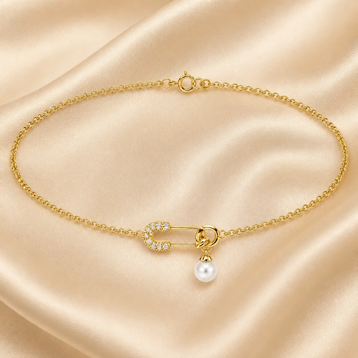 Gold Pave Safety Pin Pearl Drop Anklet — view 2