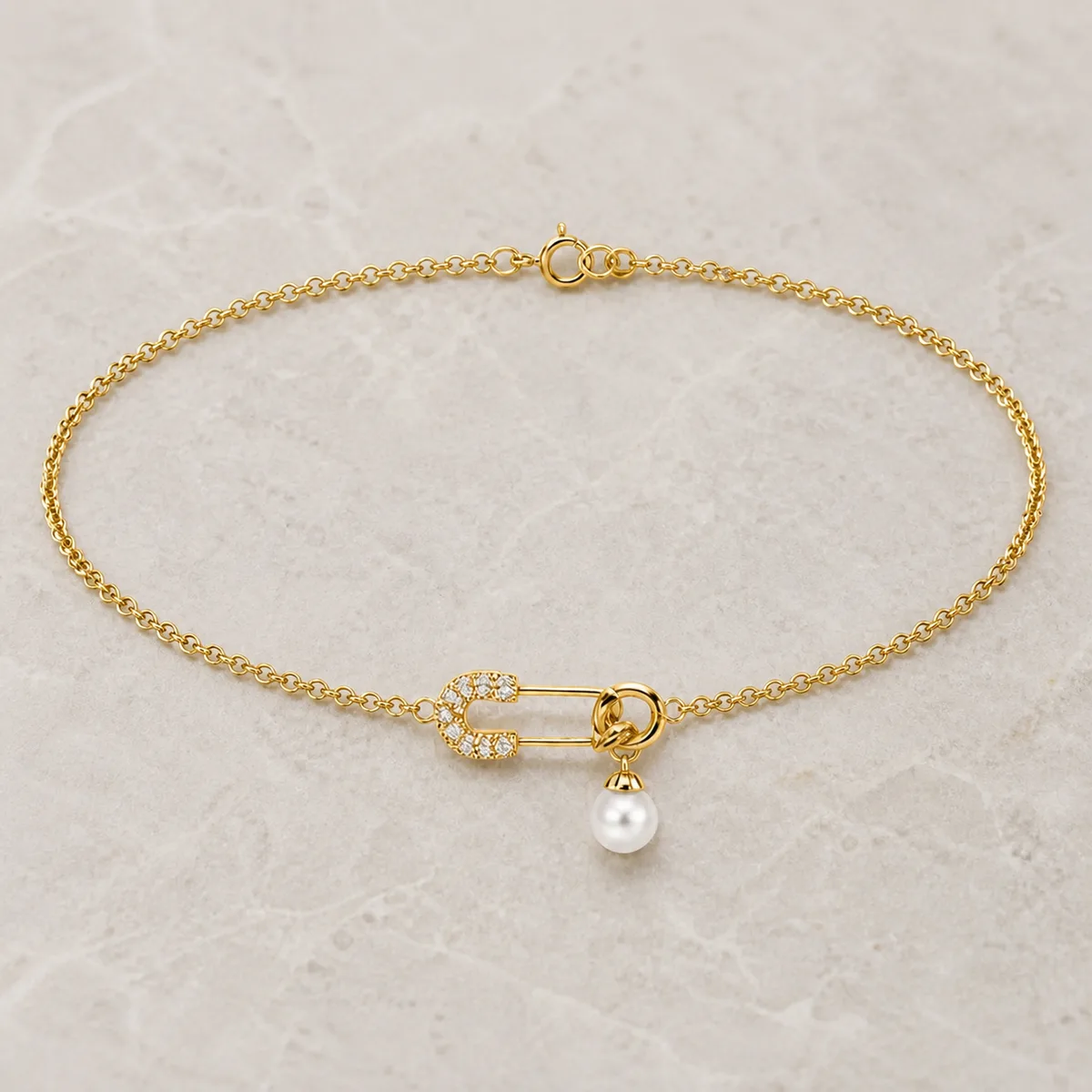 Gold Pave Safety Pin Pearl Drop Anklet — view 3
